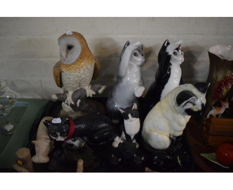 A Tray Containing Various Ceramic Cat Ornaments, Barn Owl by Leonardo, Carved Stone Hippo etc 