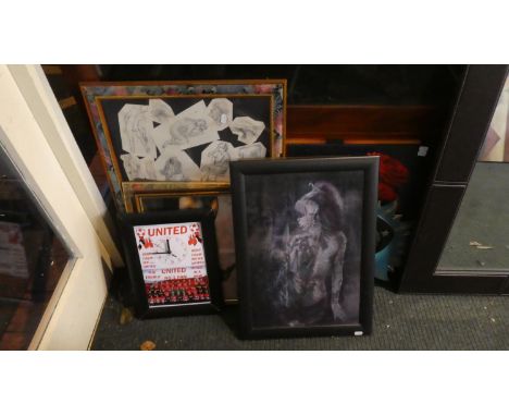 A Collection of Twelve Prints and Embroideries, Manchester United Clock, Wall Mirror etc 