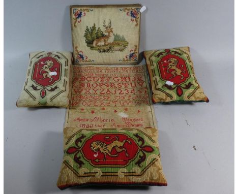 A Collection of Three Heraldic Tapestry Cushions, Unframed Sampler and Tapestry Depicting Stag 