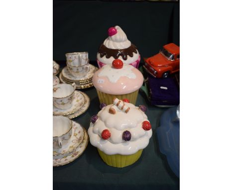 A Collection of Three Ceramic Novelty Storage Jars in the Form of Cupcakes, The Largest, 22cm High 