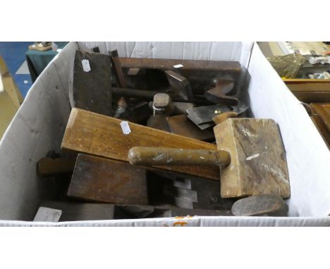 A Box Containing Vintage Jack Planes, Mallets, Moulding Planes 