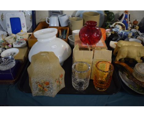 A Tray Containing Various Vintage Glass Light Shades, Some with Original Boxes 