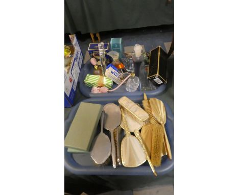 Two Trays Containing Dressing Table Mirrors and Brushes, Travel Perfume Set Together with Various Vintage Perfume Bottles etc