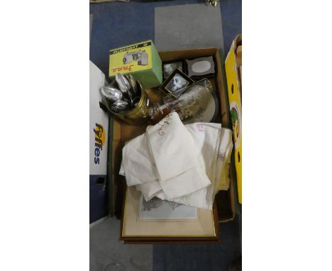 A Box of Sundries to Include Prints, Embroideries, Cutlery, Ship in a Bottle, Slide Projector etc 