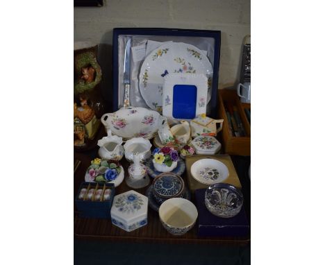 A Tray of Ceramics to Include Anysley Cottage Garden Cake Plate and Knife, Coalport Two Handled Bowls, Corona Ware Art Deco T