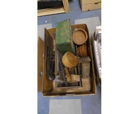 A Box Containing Various Vintage Tools, Machete, Saftey Cooker etc 