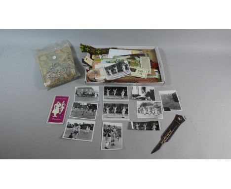 A Tray of Printed Ephemera to Include Vintage Morris Men Photographs, Map Puzzle, Bookmarks etc 