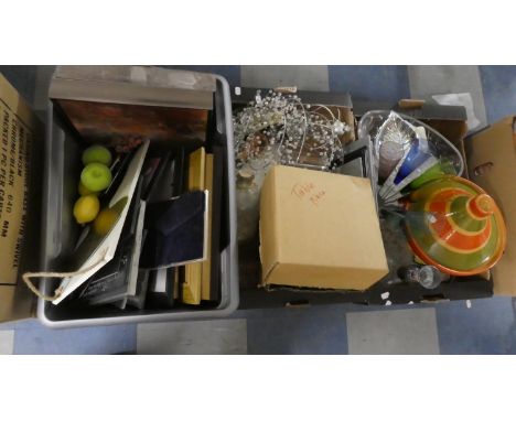 Three Boxes of Sundries to Include Coloured Glass Champagnes, Tagine Pot, Pictures and Print, Artificial Fruit etc 