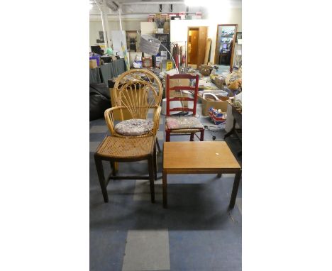 A Collection of Furniture to Include Painted Ladder Back Rush Seated Chair, Bamboo Armchair, Cane Topped Dressing Stool and a