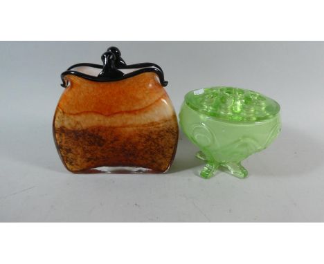 A Vintage Moulded Green Glass Rose Bowl and a Glass Vase in the Form of a Purse, 18cm High 