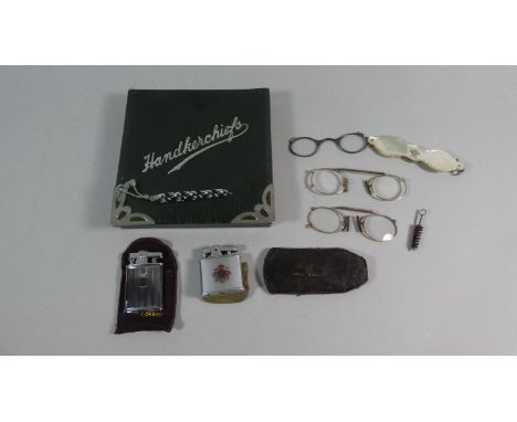Three Pairs of Pince-Nez and Two Pocket Cigarette Lighters One with Enamelled Army Service Corps Badge 