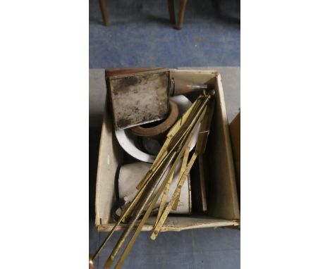 A Box of Vintage Sundries to Include Enamelled Ware, Folding Music Stand, Beekeepers Smoker etc 
