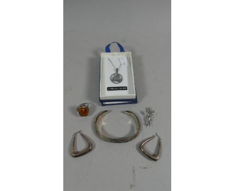 A Collection of Silver Jewellery to Include Bangle,  Earrings, Brooch, Amber and Silver Ring, Pendant etc 