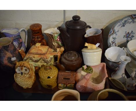A Tray of Various Ceramics to Include Cottage Ware Teapot, Treacle Glazed Flour Duster, Hornsea Jug, Owl Money Box etc 