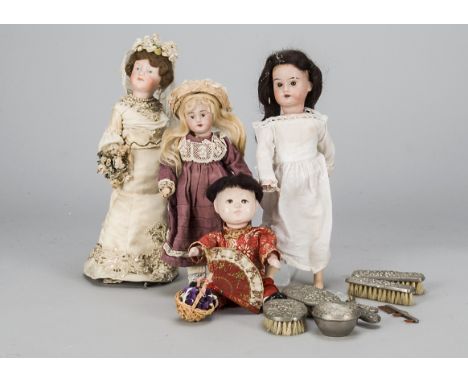 Four small dolls,  a SFBJ 60 on straight legged body —9in. (23cm.) high; a Geburder Heubach 8094 on modern body; a Gebruder K