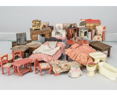 1930s dolls’ house furniture, including a German wooden wireless, a Taylor &amp; Barrett gas cooker, Japan inlaid furniture a