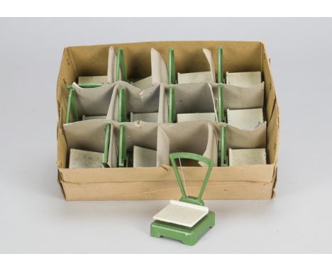 A trade box of a dozen lead Grocery Scales, painted green and cream with moving indicator, in plain card box with blue card d