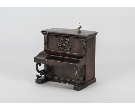 A rare large scale Rock &amp; Graner dolls’ house piano, painted wood grained tinplate, serpent scrolling brackets, lifting l