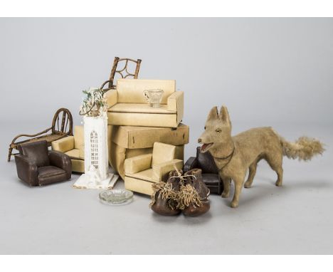 Various items, a German Shepherd or Wolf candy container 1920s, composition covered with light brown burlap —11in. (28cm.) lo