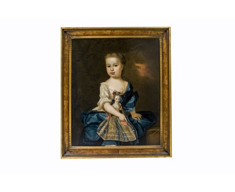 A 18th century portrait of a young girl with English wooden doll circle Enoch Seeman,  oil on canvas, almost full length, her