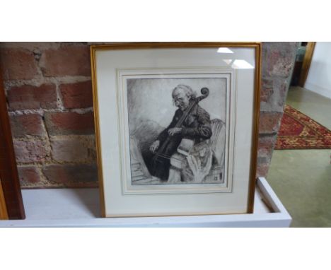 Percy Lancaster etching The Chello Player - 28cm x 25cm signed in pencil entitled Slate 2 - Overall good condition