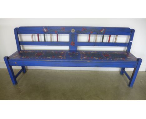 A large Antique pine painted bench, hand decorated with flowers, an attractive piece of Folk Art - 200cm x 42cm x 89cm 