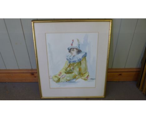 A watercolour portrait of a clown seated - signed bottom right - 53cm x 63cm