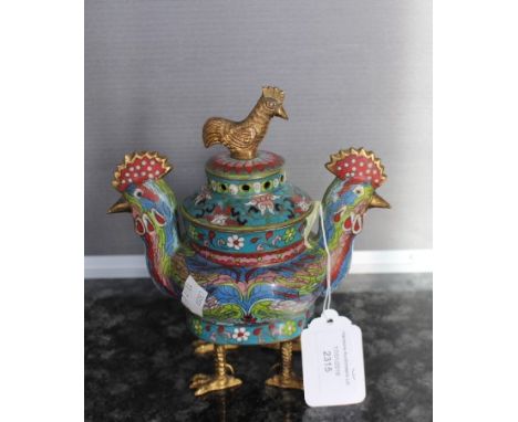 A 20th century Chinese cloisonne incense burner, modeled as a two headed cockerel, the lid with pierced top and cockerel fini