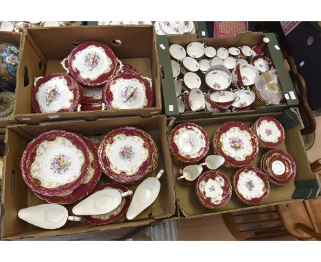 Extensive dinner and tea service by Coalport Sandringham 9231 pattern, floral painted with dark pink border and gilt decorati