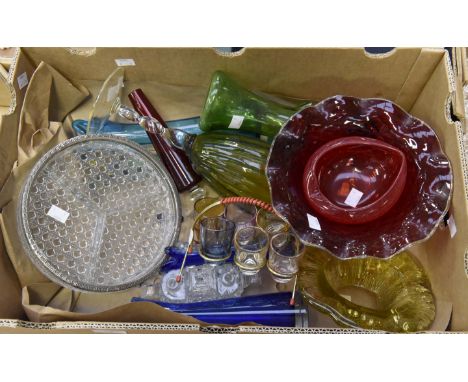 Assorted lot of mid Century coloured glass wares to include; spill vases, tall green ribbed vase with spiral stem, ruby glass