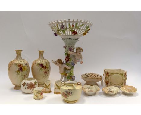 Royal Worcester blush ivory, a pair of ovoid vases; pot pourri; trinket dishes; a Meissen style comport etc