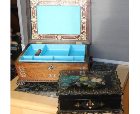 A 19th century papier mache and mother of pearl inlaid shaped rectangular sewing box, decorated with flowers, 24cm wide,toget