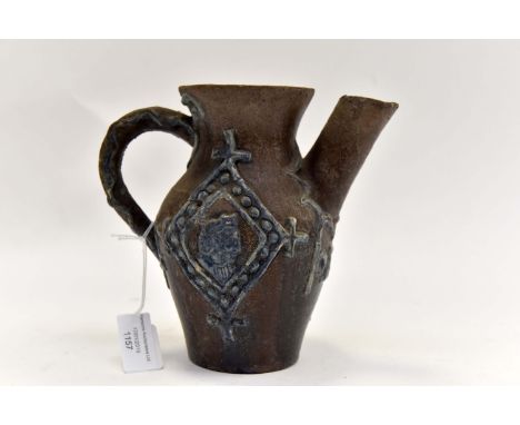 Ecclesiastical jug with applied detail, portrait of Monarch, and Cathedral stamp to base