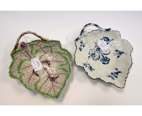 A Worcester leaf shaped pickle dish, painted in dark blue with leaves and flowers, approx 18cms wide x 20 cms in length, cres