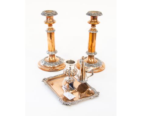  A George III old Sheffield plate chamber stick, together with a pair of early 19th Century telescopic candlesticks decorated