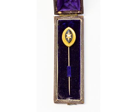 A Victorian yellow metal, jet and pearl mourning stick pin, the finial of concentric stepped navette form, with central yello