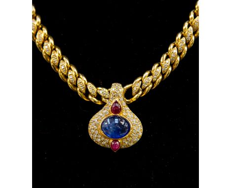 A fine yellow gold, diamond, sapphire and ruby pendant necklace, the heavy necklace formed from a series of curb link style l