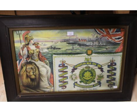 WW1 British framed colour lithograph print overall size 77cm x 60cm of the battle honours of the Worcester Regiment. Shows Br