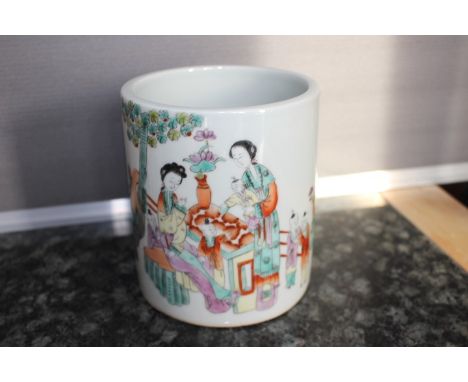 Chinese ceramic brush pot decorated with females and children, boxed