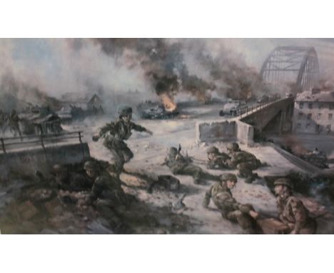 Alan Fearnley print, The Bridge at Arnhem, signed in pencil by Major General John Frost, published by Universal Promotions, 1