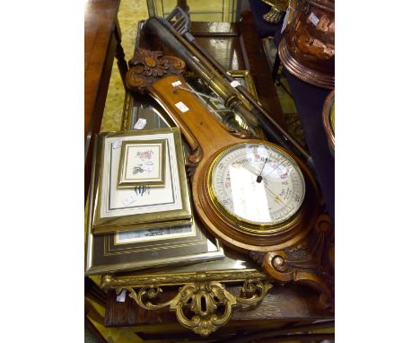 Mixed lot to include oak aneroid barometer A/F, 2 modern gilt wall mirrors, 2 copper and brass French horns, shooting stick a