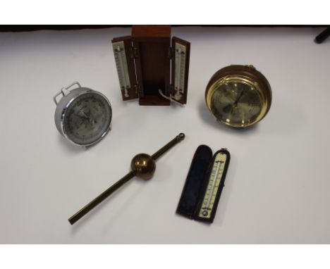 A Victorian pocket thermometer, cased, wooden cased duo thermometer casella, London, two barometers, etc (5) 