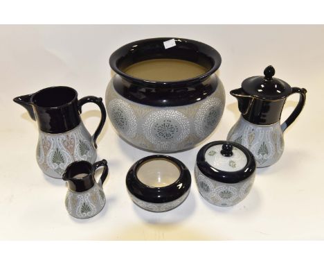 Langley Art Nouveau Osborne Ware planter, three water jugs, two pots