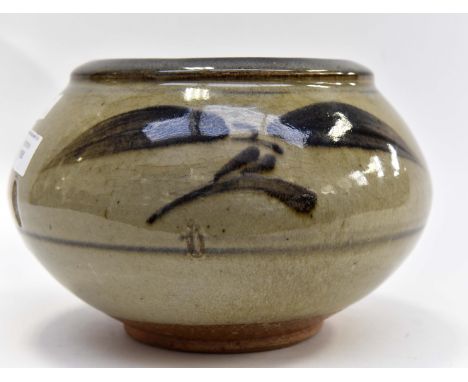 A large Bernard Leach studio pottery bowl, with mushroom glaze and splashes of dark brown feathered highlights, impressed Ber