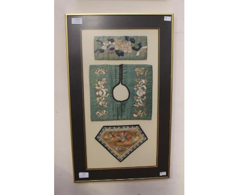 Three pieces of Chinese embroidery that has been framed, purchased in China in the 1980s, the larger item is a fan cover embr