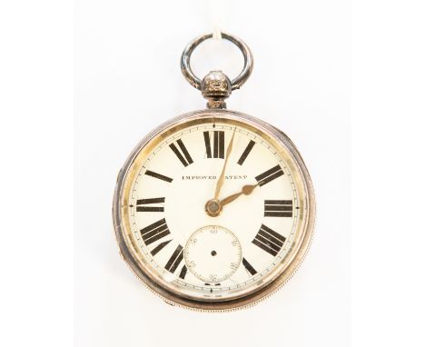 A late Victorian silver pocket watch, key wind improved patent movement, having white enamel Roman numeral dial with subsidia