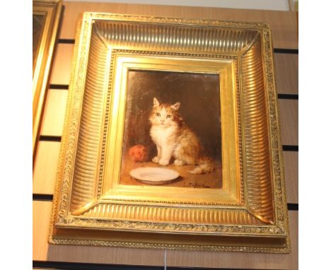 Jules Leroy (French, 1856-1921), The New Kitten, signed l.r., oil on panel, 21 by 15.5cm, in a gilt frame