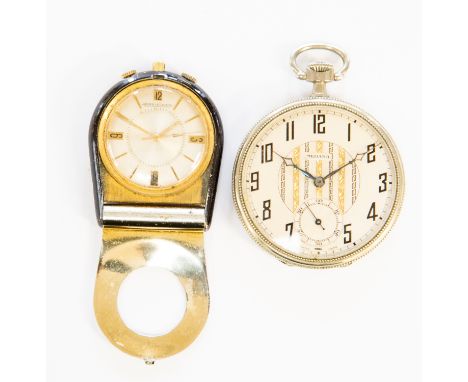 Jaeger Le Coultre travel alarm clock stainless steel with gold plate 3.5 x 4.5 cm together with a Medana plated open faced po