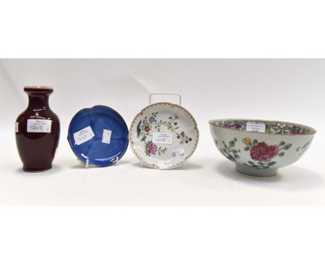 Four Chinese and other oriental ceramic porcelain items, to include; A circa 18th Century famille rose bowl and saucer plate 