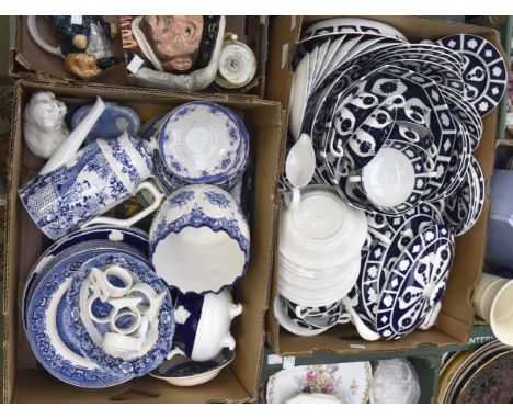 Quantity of blue and white ceramics, some Willow pattern plates, coffee pot, saucers, bowls, planter, also a box of unmarked 